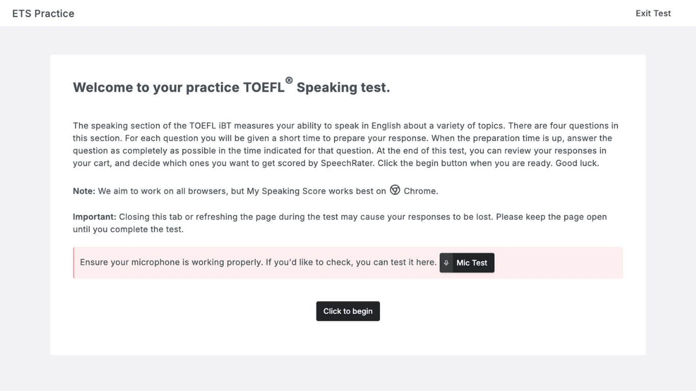 A TOEFL Speaking test screen showing task 2.