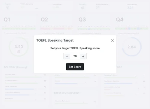 A dialogue setting a TOEFL Speaking score target.